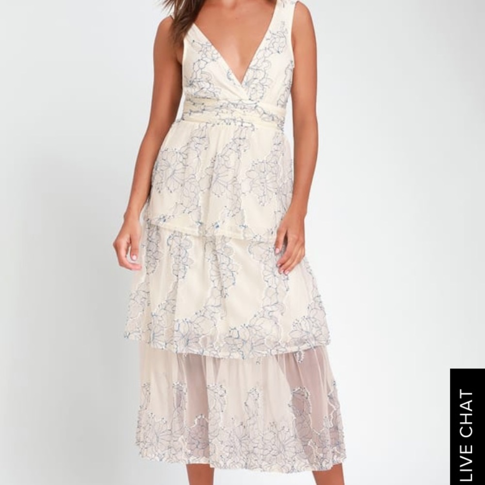 Lulus BLUE AND WHITE EMBROIDERED LACE MIDI DRESS